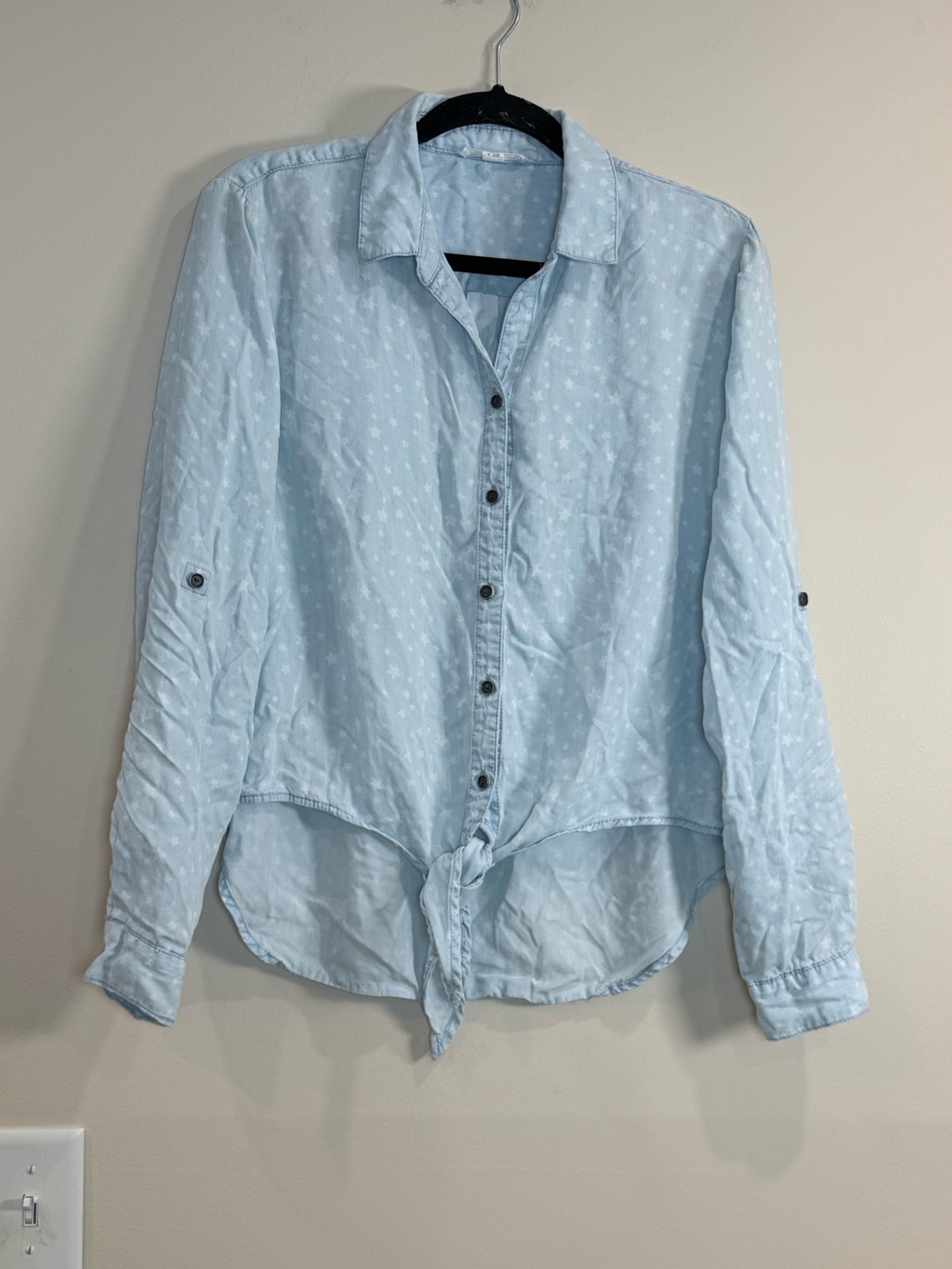🔥Beachlunchlounge Women’s Light Blue Tie-Front Button-Up Shirt Size L EC🔥